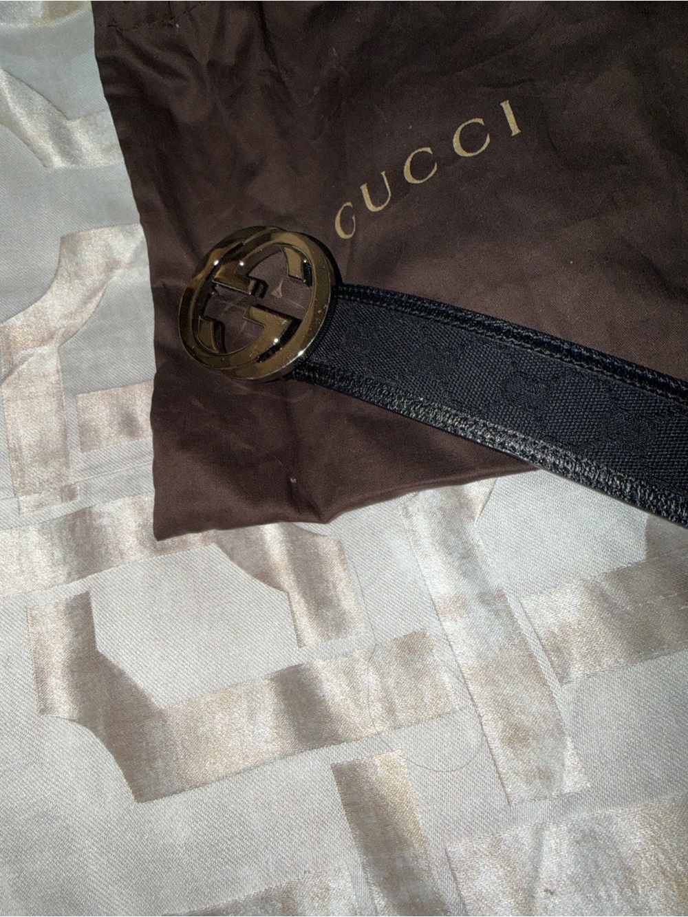 Gucci Black Canvas Belt with Gold GG Round Buckle